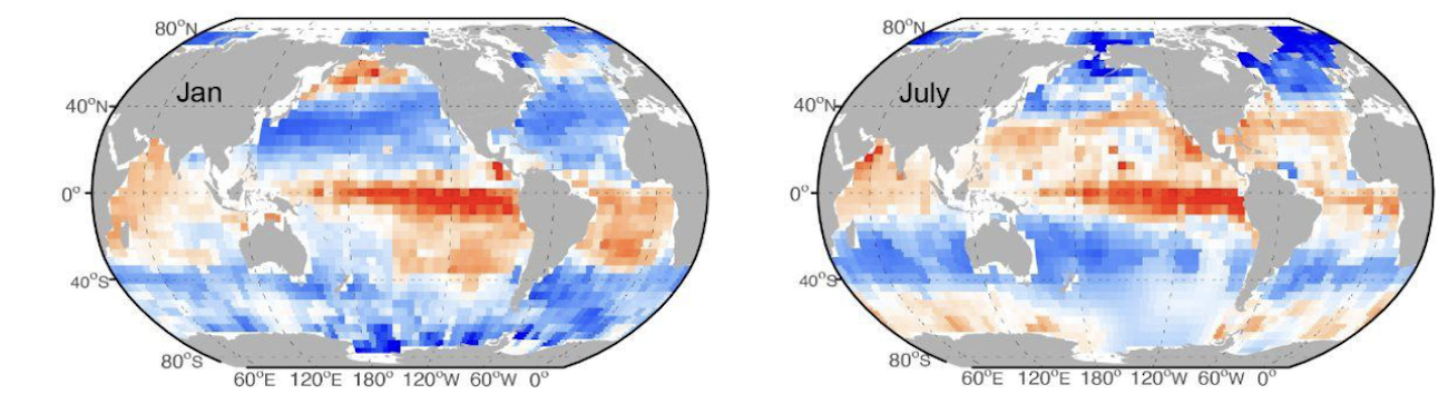delta fCO2 January and July climatology map