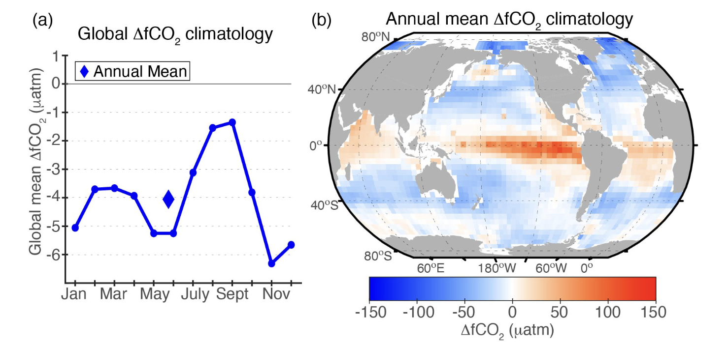 Annual delta fCO2 climatology (a) Global mean ∆fCO2 seasonal climatology from the SOCAT database; annual mean value is indicated by the diamond (-4.1μatm). (b) Map of annual ∆fCO2 climatology.